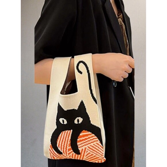 Trendy Black Cat Knit Mini Handbag/Wrist Bag /Tote Bag - NEW - Picture 2 of 5